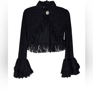 Burleska Black Lace Bolero Top Bell Sleeve Goth Steampunk Pearl Brooch Sz M / L